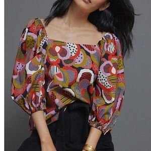 NWT Anthropologie Porridge Orange Red Puff Sleeve Graphic Blouse